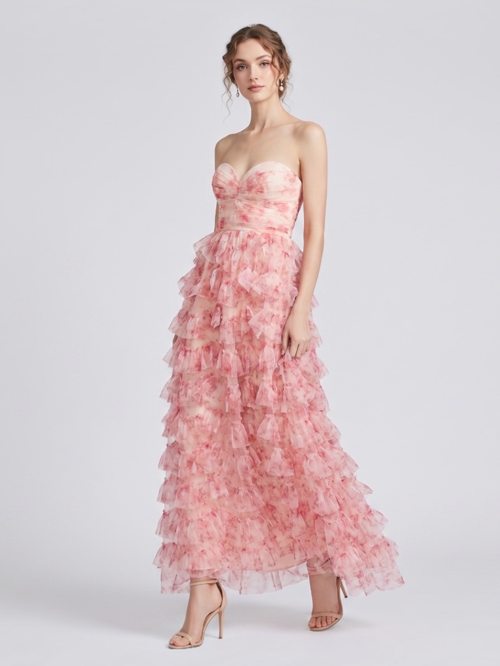 Caroline Constas Strapless Tiered Floral Gown NWOT Blush Pink Ruffle
